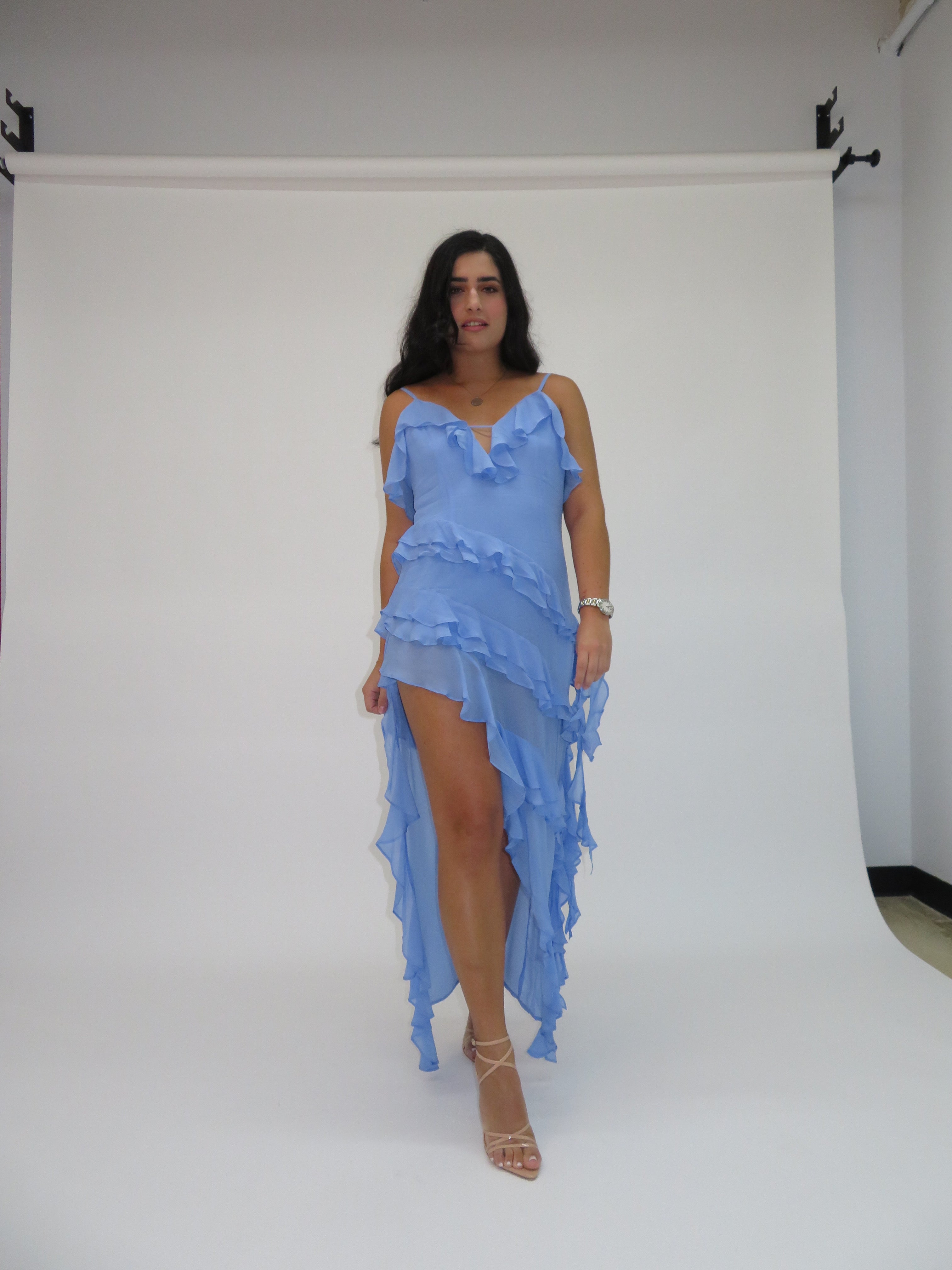 CRISTINA CORNFLOWER BLUE RUFFLE MAXI DRESS